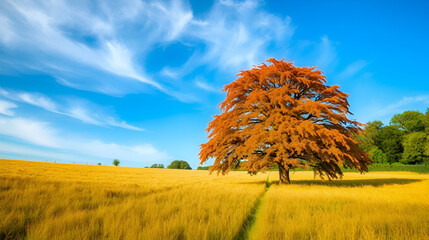 A copper beech tree stands prominently in a field of  yellowing grass, under a bright blue sky with wispy clouds. Surrounding greenery creates a natural scene in, Burley in Wharfedale, Yorkshire, UK