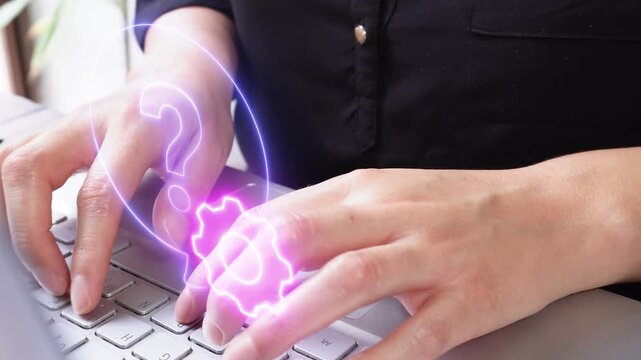 Technical support to resolve questions. Close-up of a businesswoman's hands working on her laptop, with a floating virtual icon of a question with a gear.