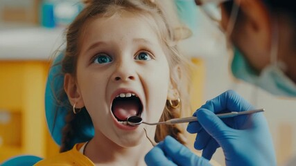 Girl sitting in dentist chair with mouth open, getting checked by a professional dental examination.