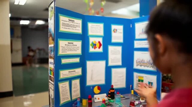 A student presenting a science fair project with a colorful display board