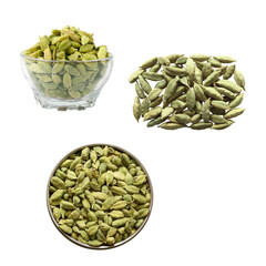 Green cardamom pods in bowls and loose piles, aromatic spice and herbal seasoning for Christmas baking, tea, and cooking, isolated on transparent background