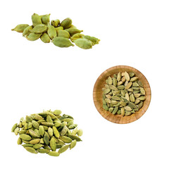 Green cardamom pods in bowls and loose piles, aromatic spice and herbal seasoning for Christmas baking, tea, and cooking, isolated on transparent background