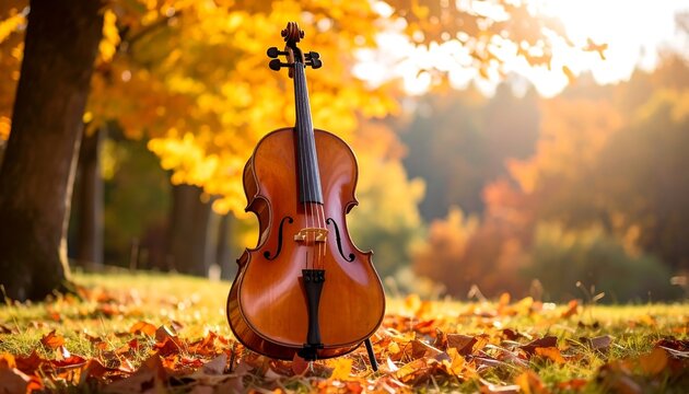 Cello Autumn Park with Fall Leaves.