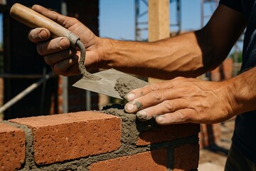 Close-up of a mason's bare hands applying mortar with a trowel to lay red bricks on an outdoor construction site.