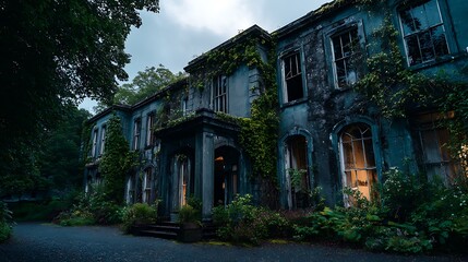 A decaying mansion with overgrown vines and broken windows sits amidst lush greenery and a dark driveway halloween art