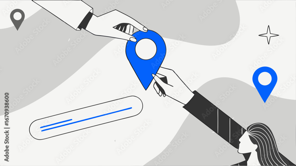 Poster sharing location gps pin digital map online navigation location sharing app two hands minimalist des
