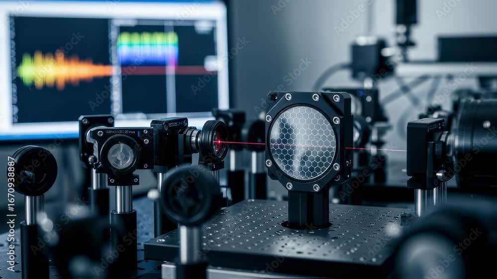 Poster sophisticated laser interferometer setup focusing on deformable mirror actuators during precision ca