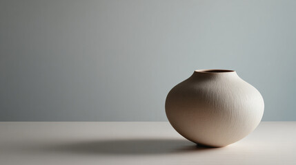 Simple unglazed ceramic vessel on smooth light-grey surface, minimalist centered design, gentle shadows, lots of negative space for clean layout