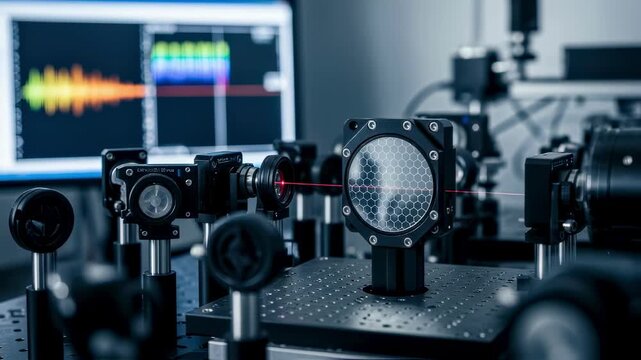 Sophisticated laser interferometer setup focusing on deformable mirror actuators during precision calibration procedures.