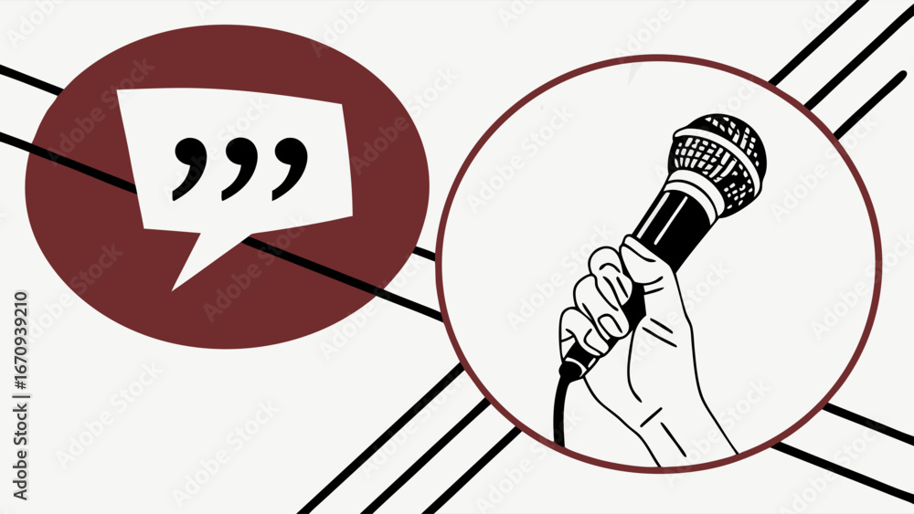 Poster Abstract Graphic Design of Hand Holding Microphone and Speech Bubble with Quotation Marks for Podcast Interview or Speech Theme.
