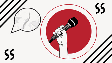 Microphone hand abstract graphic design red circle background quote speech bubble illustration.