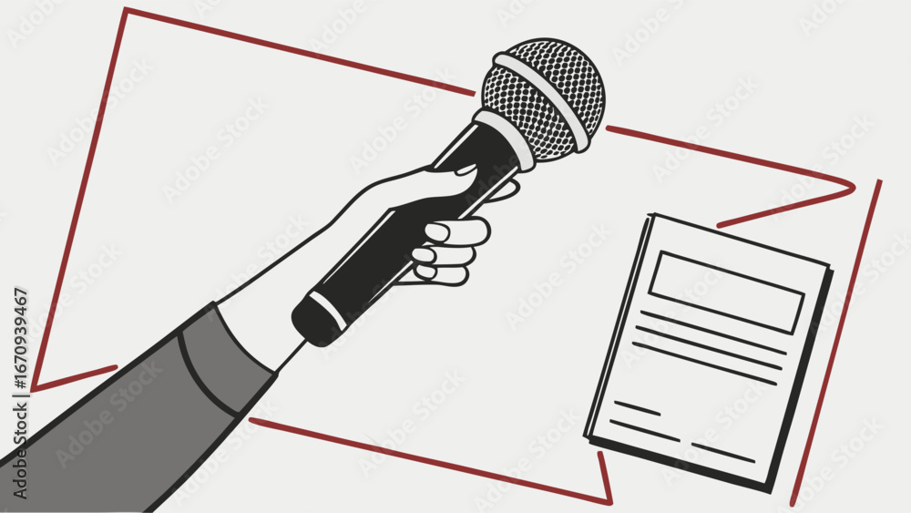 Poster hand holding microphone near notes interview speech presentation podcast broadcast communication con
