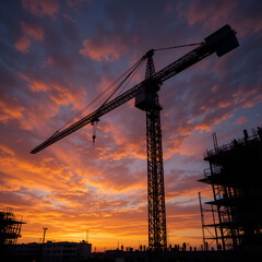 Fast motion timelapse of big crane silhouette and many workers building new construction under a beautiful colorful sunset sky