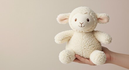 優しい光に包まれた可愛い子羊のぬいぐるみ. AI Generated