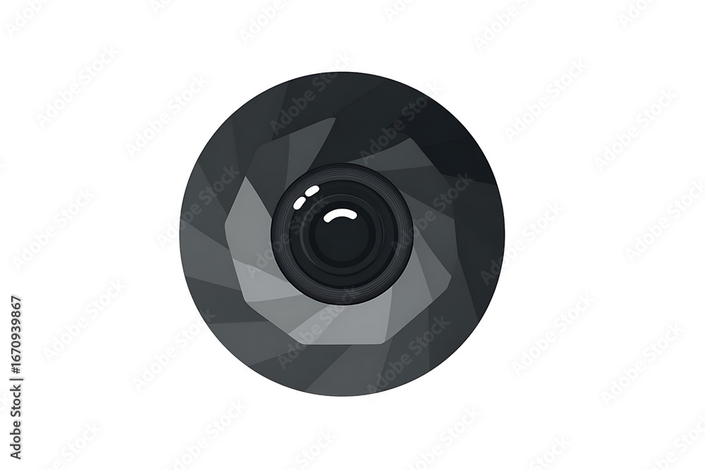 Aufkleber circular abstract design featuring a geometric black and gray pattern with a central lens element