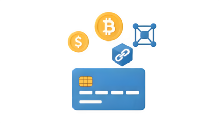 Blockchain and Digital Currency Icons Hovering Above Credit Card PNG