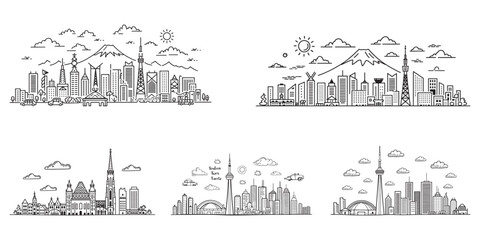 Fototapeta premium Minimalist City Skylines with Mountains, Sun, and Clouds Illustrations