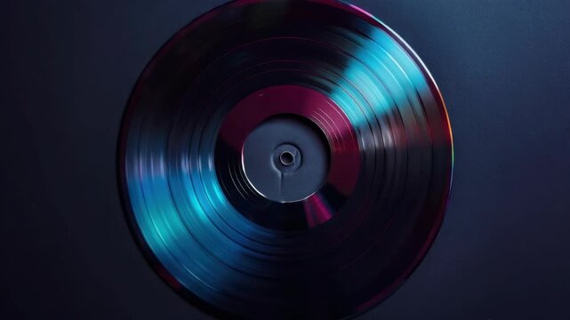 A vinyl record close-up, highlighting its grooves and the stylus that plays it.