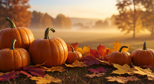 Autumn pumpkins nestled on fallen leaves in a misty field at sunrise