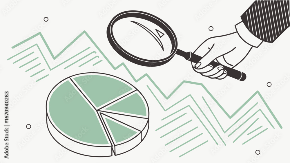 Aufkleber analyzing a pie chart with a magnifying glass business data analysis illustration.