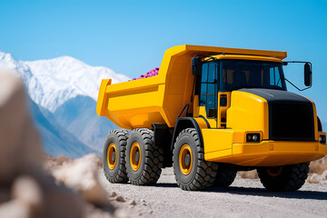 Heavy-Duty Earthmover on Duty: A robust yellow earthmover stands ready, set against the backdrop of a rugged, mountainous terrain under a clear, azure sky, representing power and industry.