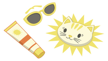 Summer essentials Sunglasses sunscreen cute cat sun design illustration.