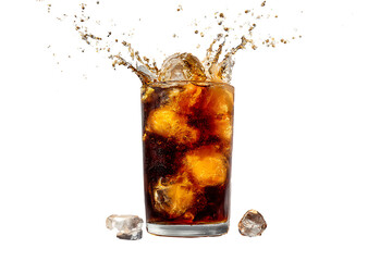Refreshing Glass of Carbonated Beverage with Ice Cubes Splashing in Dark Liquid on Black Background