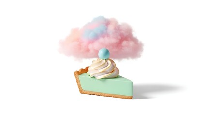 Whimsical pastel dessert pie with cotton candy cloud isolated on white background