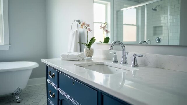 Panoramic shot showcasing the transformation of a bathroom highlighting the new widespread faucet mounted on a refurbished vanity top.