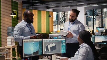 Engineers in office brainstorming upgrades for innovative solar powered device. Teamworking RD specialists doing trial of portable solar panel gadget, working together to improve efficiency, camera A