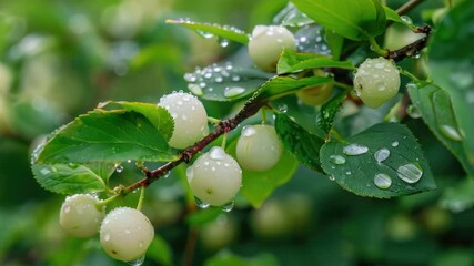 Berry bush glistening with raindrops, close-up  of nature scene, focus on fruit and dew on leaves.