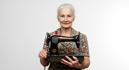 穏やか笑顔 老婦人 古風ミシン 丁寧な仕事 優しい光彩. AI Generated