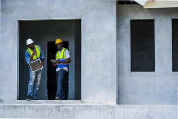 Black professionals collaborating on a renewable energy project. A senior engineer and his partner...