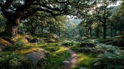 Obraz premium Forest path winds through trees with sunlight filtering through the canopy.