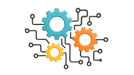 Abstract 3D Gear Icons Connected with Circuit Lines PNG