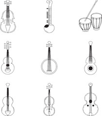 Collection of Hand- Drawn Outline Illustrations of Musical Instruments violin cello