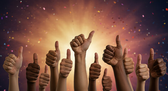 A group of diverse hands raising thumbs up in celebration amidst a confetti shower and spotlight effect - Powered by Adobe