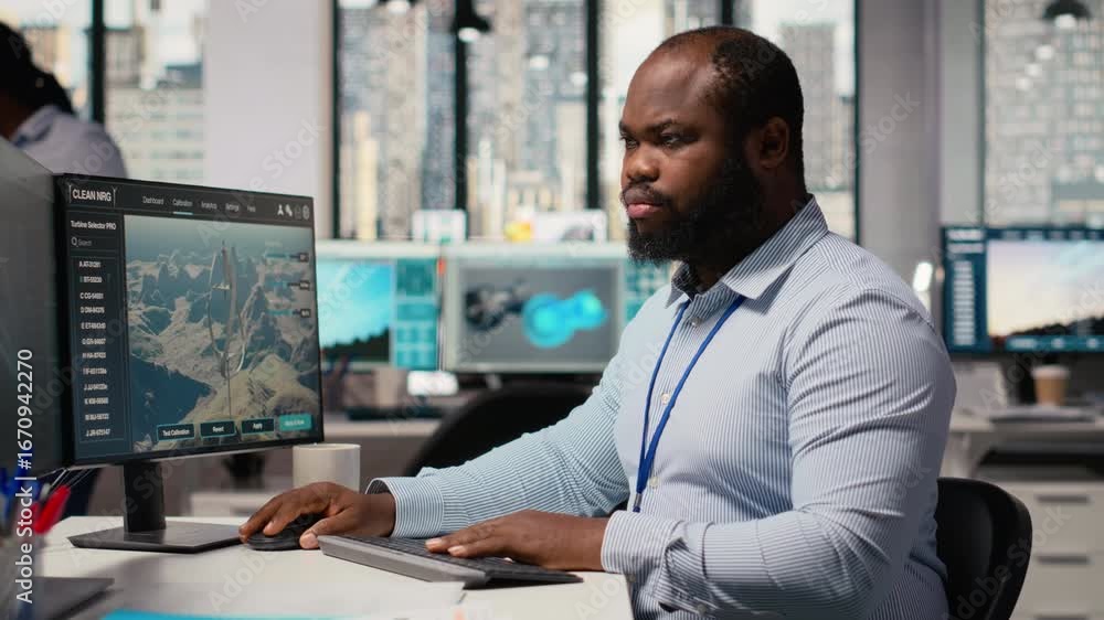 Poster engineer in office working on power lines pole cad design to develop technology improving environmen