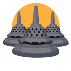 Stylized vector of Borobudur stupas with perforated patterns and sun backdrop. Minimalist design highlighting Indonesian Buddhist architecture and cultural heritage