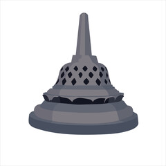 Stylized vector of Borobudur stupas with perforated patterns and sun backdrop. Minimalist design highlighting Indonesian Buddhist architecture and cultural heritage