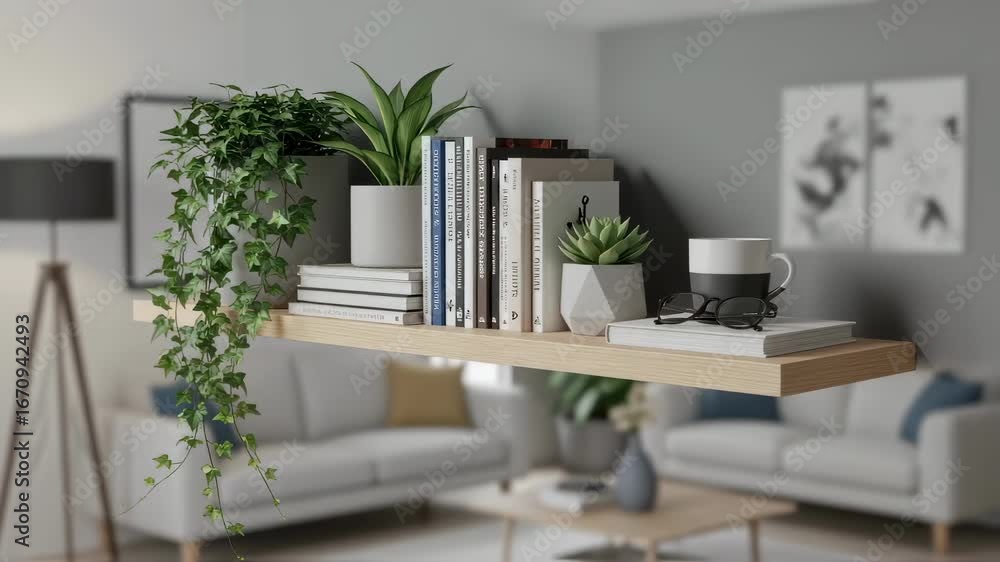 Poster final reveal shot of a sleek invisible bracket floating shelf adorned with plants and books in a con