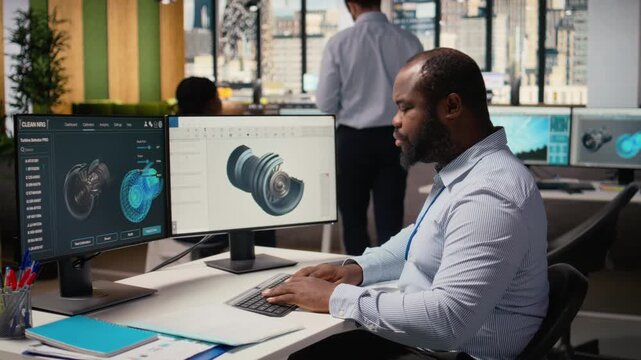 Wind energy researcher analyzes turbine component to maximize sustainability. CAD designer in office uses digital modeling software to refine blade aerodynamics, boosting clean energy output, camera A