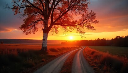 A birch tree stands beside a dirt road at sunset with a dramatic sky and golden horizon view scene
