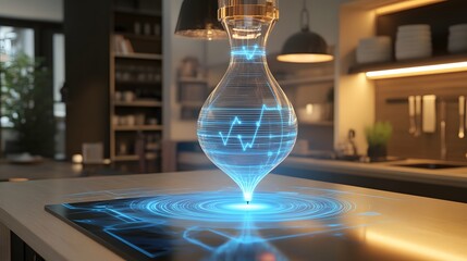 Holographic display of a glass object on a countertop.