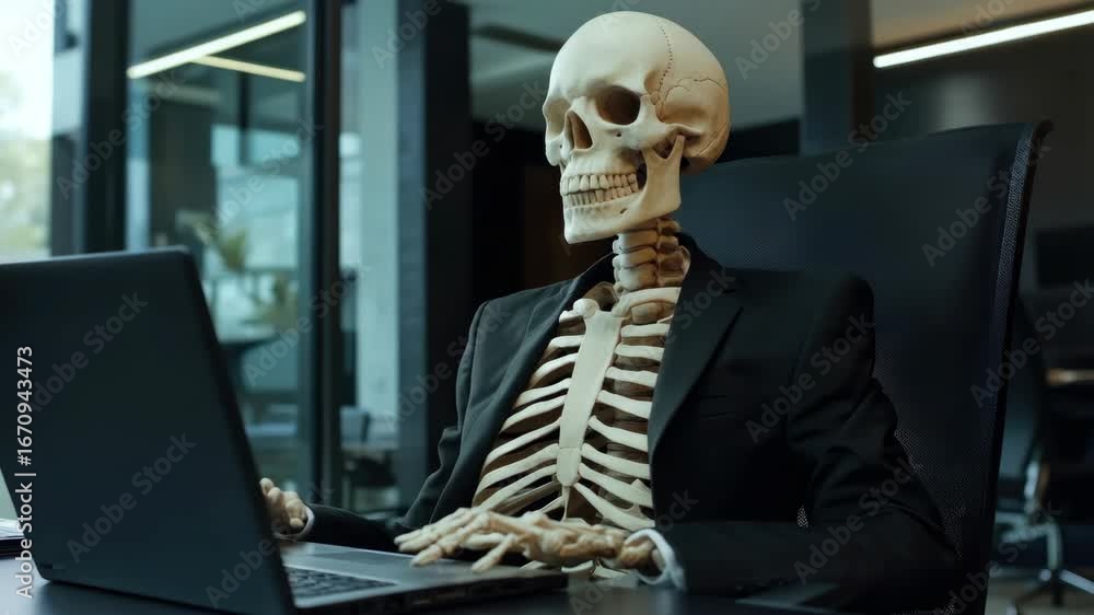 Poster a skeleton dressed in a business suit sitting at a computer. high-quality 3d rendering of an imagina