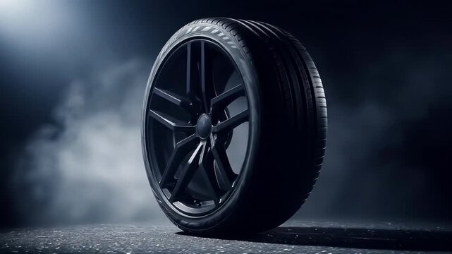 A sleek black tire stands prominently against a dark smoky backdrop Spotlight illuminates the tire emphasizing its modern design and potential speed