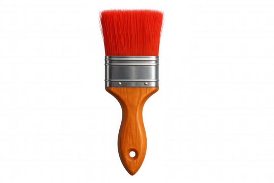 Red paintbrush featuring wooden handle, standing against transparent backdrop, waiting for artistic endeavors