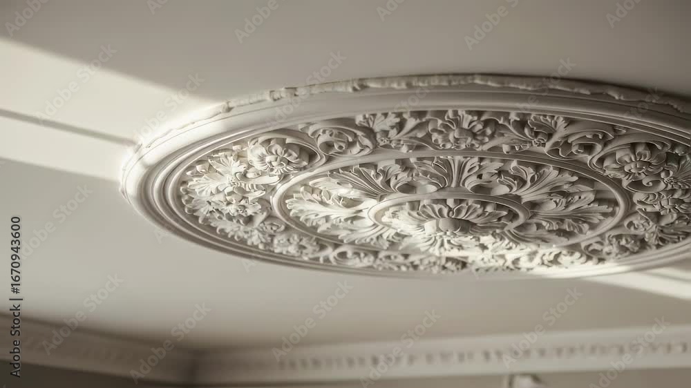 Poster ornate medallion with floral relief patterns freshly fixed with adhesive on ceiling casting subtle s