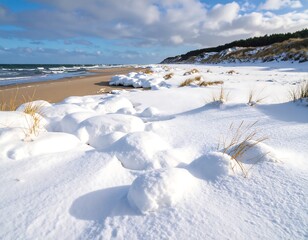 Snowy winter beach scene