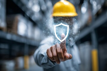 Worker wearing a safety helmet pointing at holographic shield icons